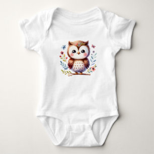 Sweet Baby Owl with Flowers Cute Animal Art Bodysuit
