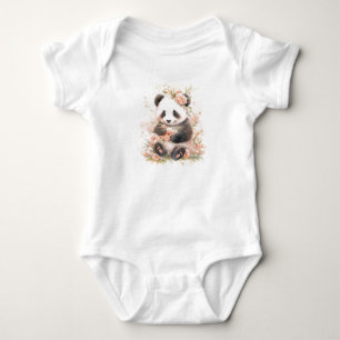 Sweet Baby Panda Bear Cub with Flowers  Bodysuit
