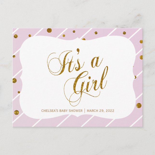 Sweet Baby Pink and Gold Confetti - RSVP 2 Invitation Postcard (Front)