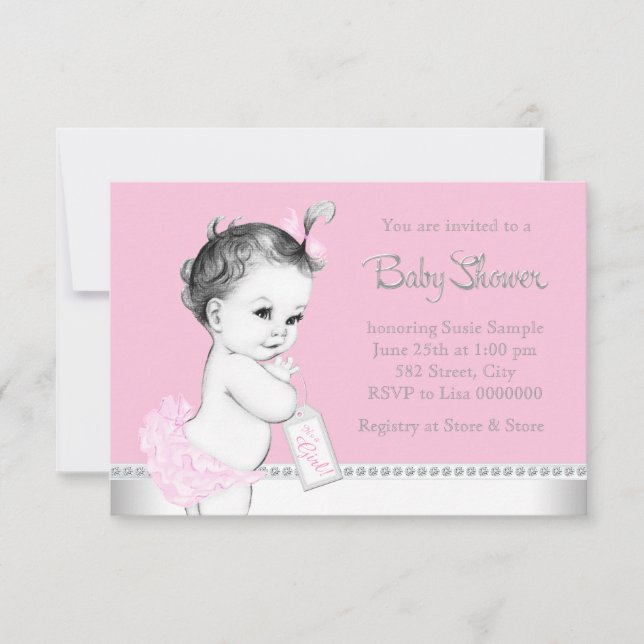 Sweet Baby Pink and Gray Baby Shower Invitation (Front)