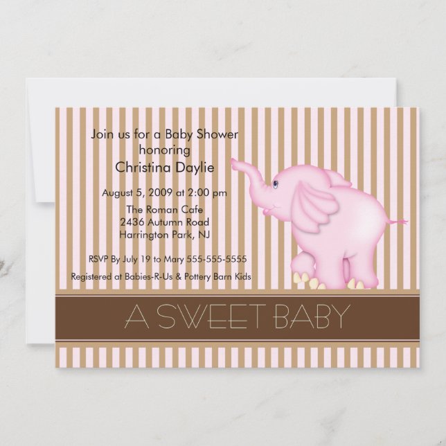 Sweet Baby Pink & Brown Elephant Baby Shower Invitation (Front)