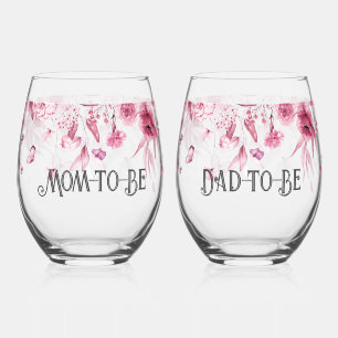 Sweet Baby Pink Floral Drop l Mom & Dad-to-Be Stemless Wine Glass