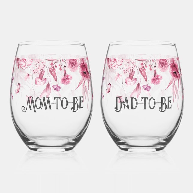 Sweet Baby Pink Floral Drop l Mom & Dad-to-Be Stemless Wine Glass (Front)