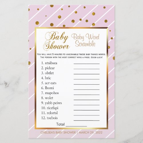 Sweet Baby Pink  Gold Baby Shower _ Word Scramble