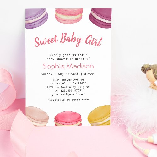 Sweet Baby Pink Macarons Dessert Baby Girl Shower Invitation