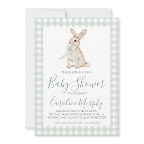 Sweet Baby Shower Bunny Rabbit Green Gingham Invitation