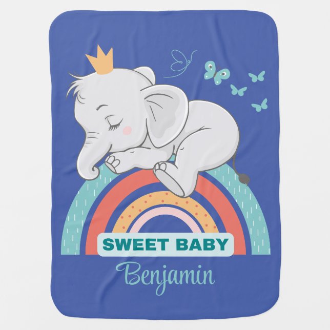 Sweet Baby Sleeping Elephant Rainbow Personalized Baby Blanket (Front)