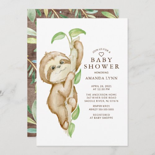 Sweet Baby Sloth Baby Shower Invitation