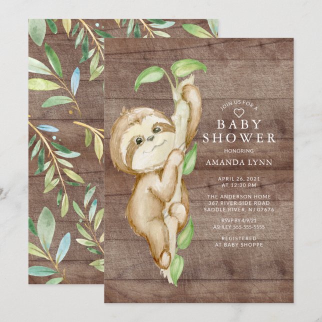 Sweet Baby Sloth Baby Shower Invitation (Front/Back)