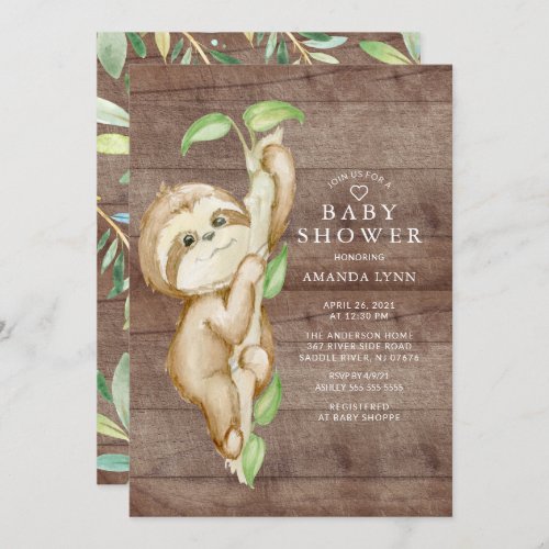 Sweet Baby Sloth Baby Shower Invitation