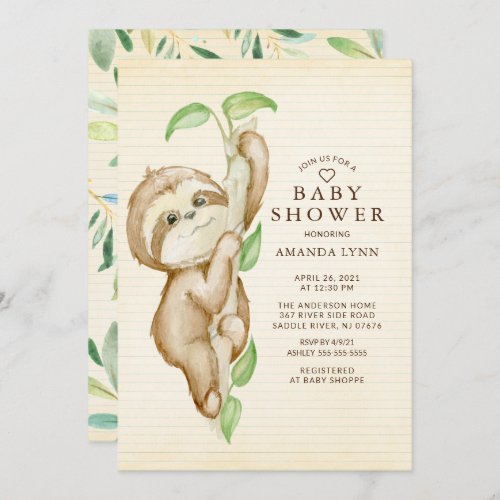 Sweet Baby Sloth Baby Shower Invitation