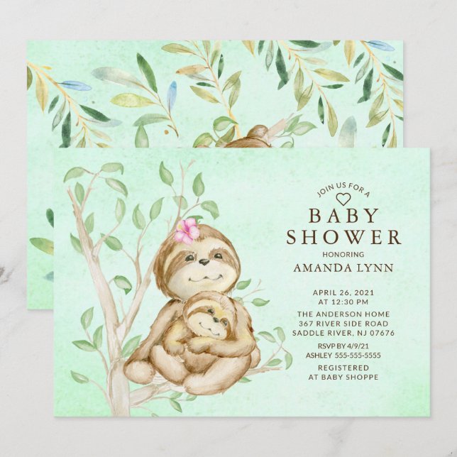 Sweet Baby Sloth Neutral Baby Shower Invitation (Front/Back)