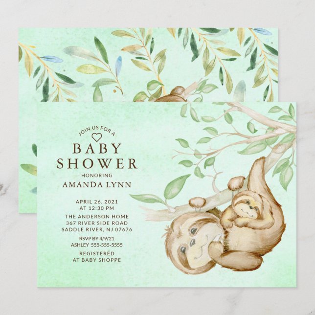 Sweet Baby Sloth Neutral Baby Shower Invitation (Front/Back)