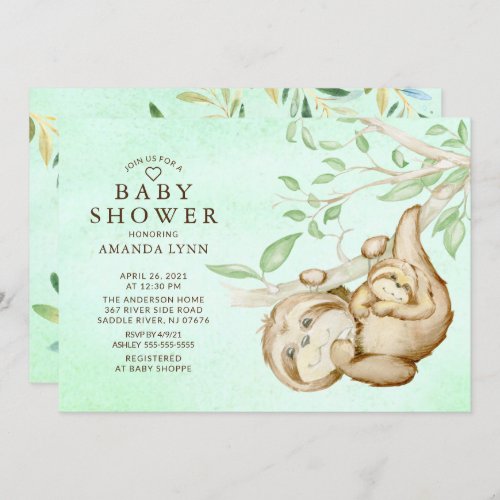 Sweet Baby Sloth Neutral Baby Shower Invitation