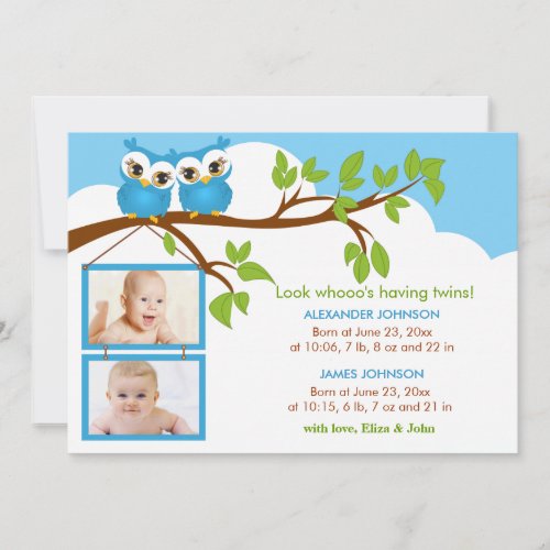 Sweet Baby Twins Owl Boy Photo Birth Announcement