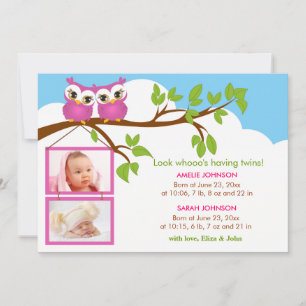 Sweet Baby Twins Owl Girl Photo Birth Announcement