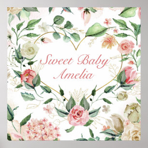 Sweet Baby Watercolor Floral Heart Bouquet Nursery Poster