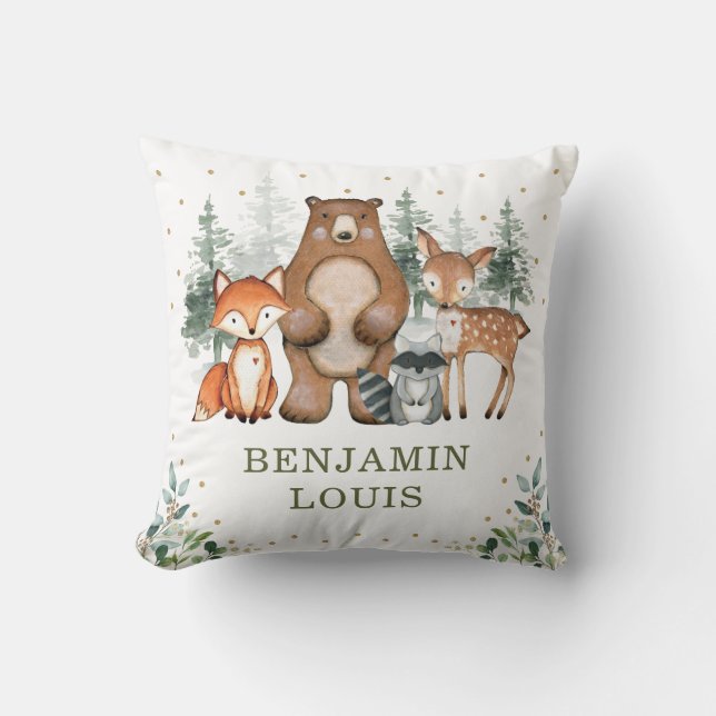 Sweet Baby Woodland Animals Greenery Gold Nursery Throw Pillow (Front)