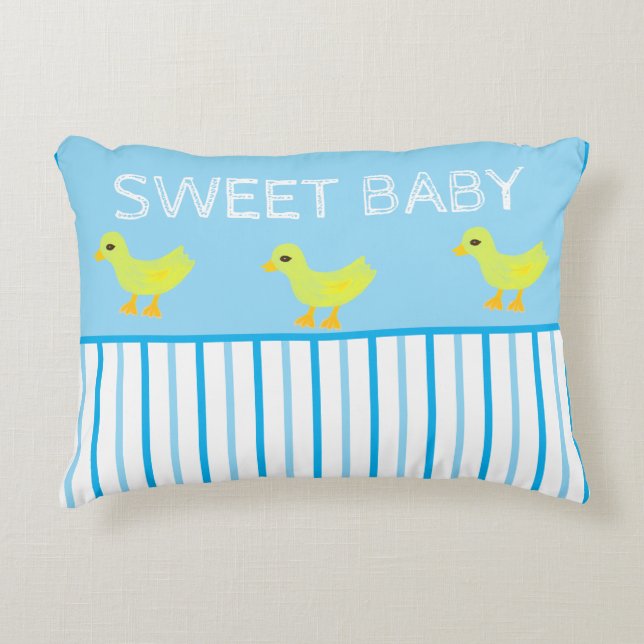 Sweet Baby Yellow Ducks Blue White Stripes Accent Pillow (Front)