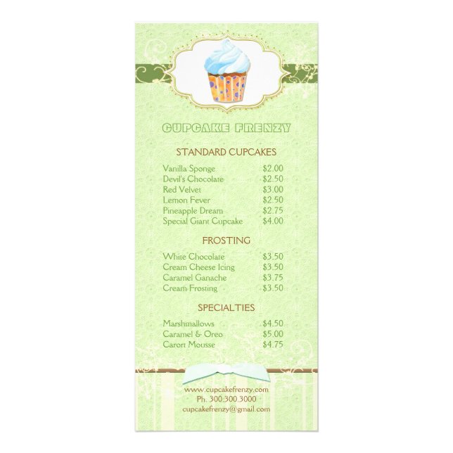 Sweet Bakery Cupcake Price List Rack Card (Front)
