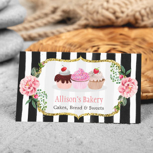 Sweet Bakery Cupcakes Gold Pink Floral Striped Business Card