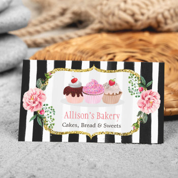 Sweet Bakery Cupcakes Gold Pink Floral Striped Business Card by CardHunter at Zazzle