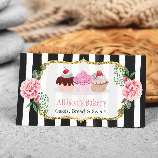 Customizable Sweet Bakery Cupcakes Gold Pink Floral Striped Business Card