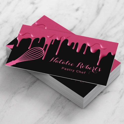 Sweet Bakery Girly Black  Pink Drips Pastry Chef Business Card