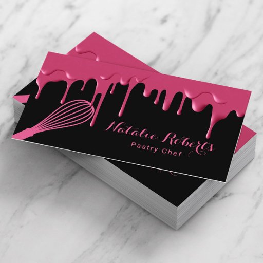 Customizable Sweet Bakery Girly Black &amp; Pink Drips Pastry Chef Business Card