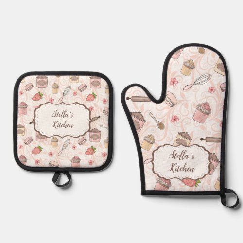 Sweet Baking Patterns Oven Mitt  Pot Holder Set