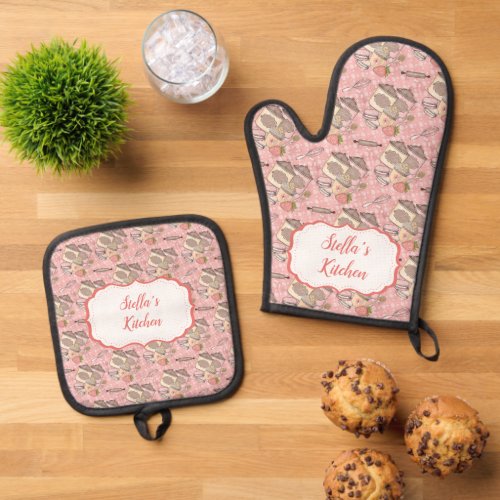 Sweet Baking Patterns Oven Mitt  Pot Holder Set