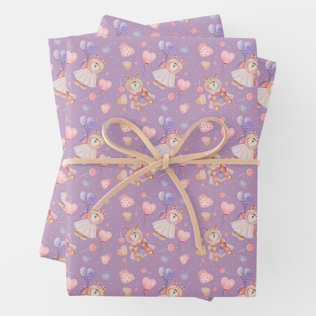 Sweet Ballerina Bear & Balloons Pattern Wrapping Paper Sheets (In situ)