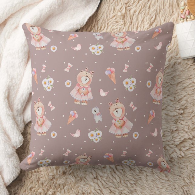 Sweet Ballerina Bear Pattern Throw Pillow (Blanket)