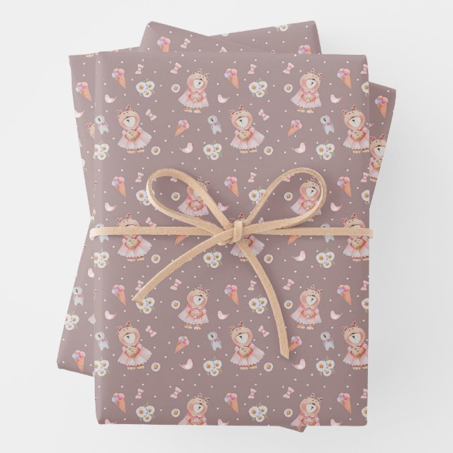 Sweet Ballerina Bear Pattern Wrapping Paper Sheets (In situ)