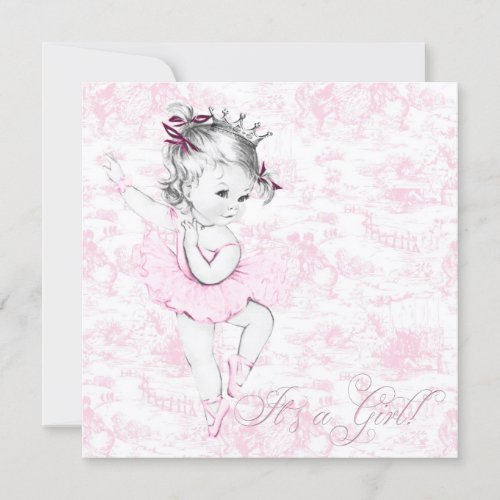 Sweet Ballerina Pink Toile Baby Shower Invitation