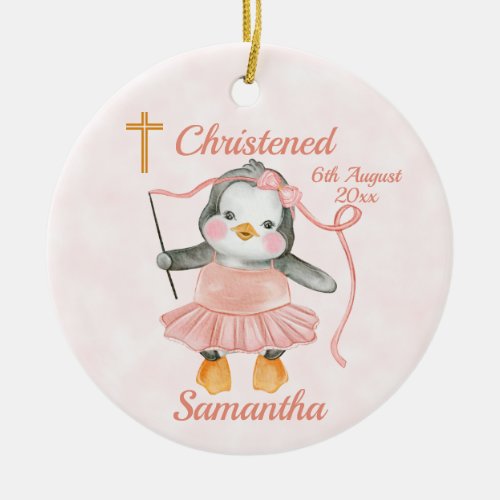 Sweet Baptism Penguin Ballerina Pink  Ceramic Ornament