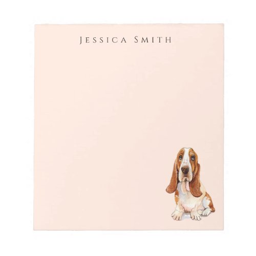 Sweet Basset Hound illustration on Pink Notepad