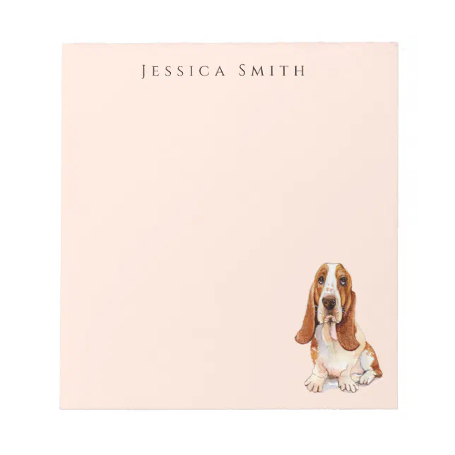 Sweet Basset Hound illustration on Pink Notepad Zazzle