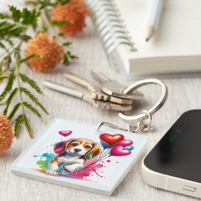 Sweet Beagle Pup Valentine Keychain (Front Right)