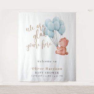 Sweet Bear Baby Shower Blue Balloon Welcome Sign Tapestry