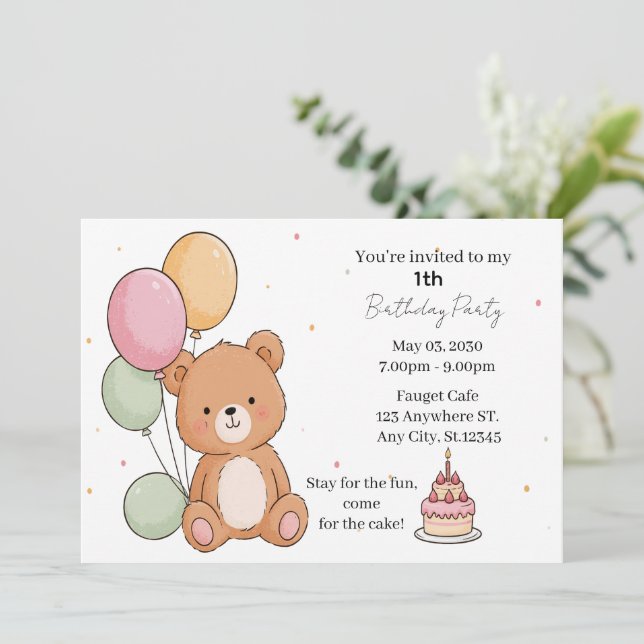 Sweet Bear Birthday Wishes Invitation (Standing Front)