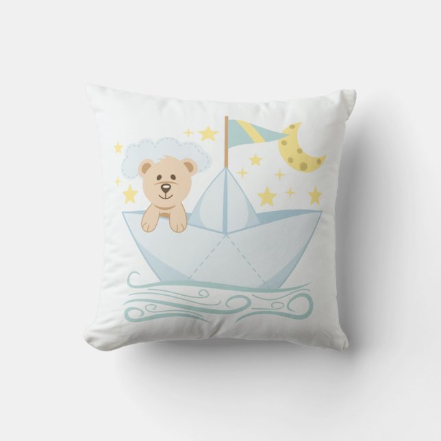 Sweet Bear in Paper Boat Nursery Throw Pillow (Front)