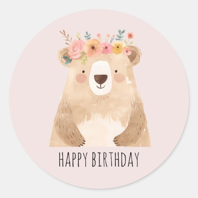 Sweet bear with flowers- HAPPY BIRTHDAY" - boho Classic Round Sticker (Front)