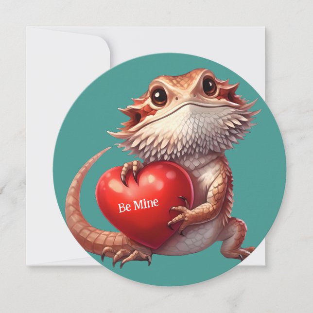 Sweet Bearded Dragon Green Valentine Card (Front)