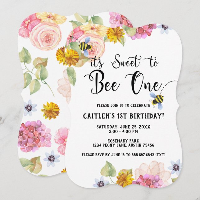 Sweet Bee 1st Birthday Floral Pastel Invitation (Front/Back)