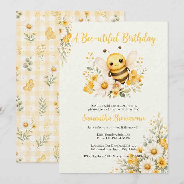 Sweet Bee First Birthday Invitation (Front/Back)
