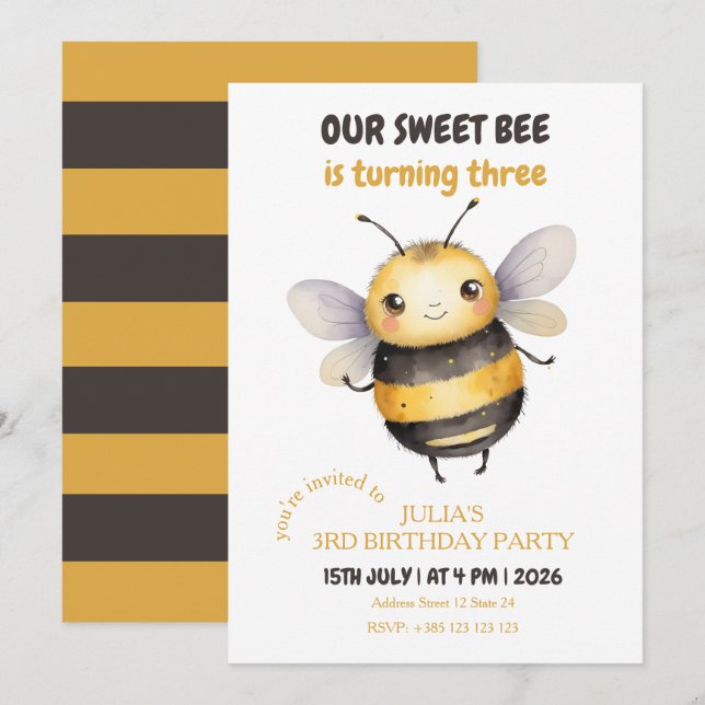 Sweet Bee Kid's Birthday Party  Invitation (Front/Back)