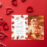 Sweet Berry First Birthday Photo Party Postcard<br><div class="desc">Looking to throw a memorable first birthday party for your little princess? Look no further than these darling postcards! Featuring your favorite photo, a colorful array of watercolor strawberries and hearts in gorgeous shades of red and pink, paired with a sleek modern invitation template, these invites are the perfect way...</div>