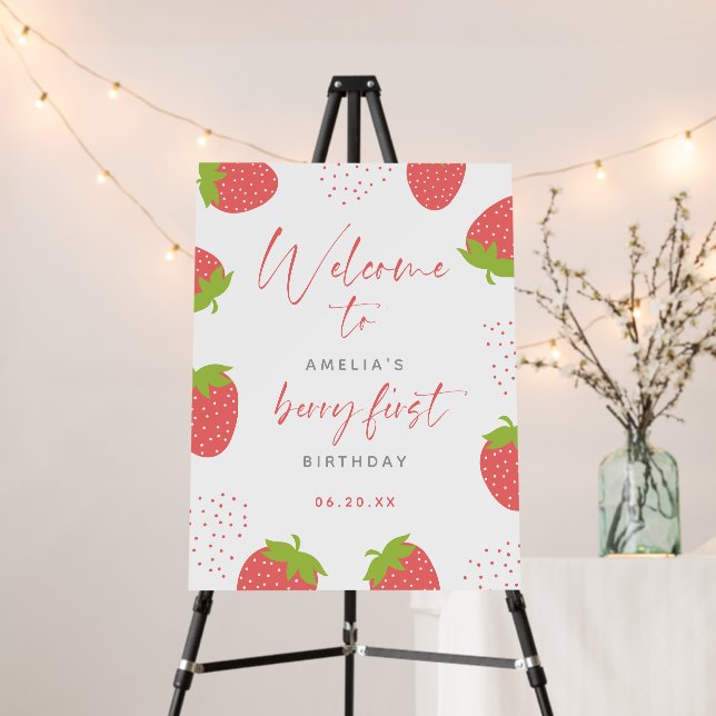 Sweet Berry First Girl 1st Birthday Welcome Sign (In Situ (Stand))