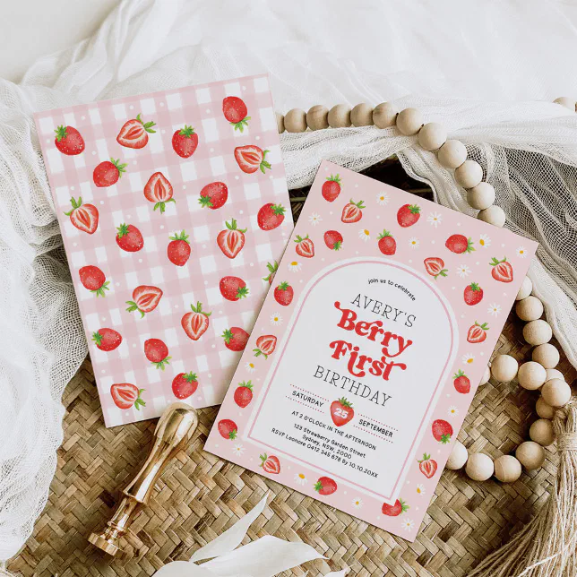 Sweet Berry First Strawberry 1st Birthday Girl Invitation | Zazzle